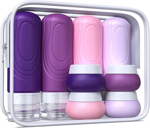 Detalle 2 de Aeomni Reise Gadgets: 8er Reise-Set mit TSA-konformen Silikon-Reiseflaschen & Cremeboxen (3-1-1)