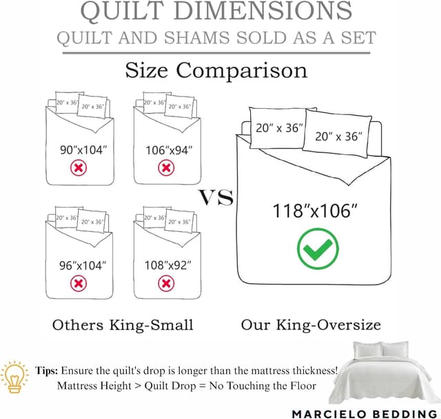 Detalle de MarCielo 3-Piece 100% Cotton Oversized Bedspread Quilt Coverlet Set (Aruba Blue) — Oversized King