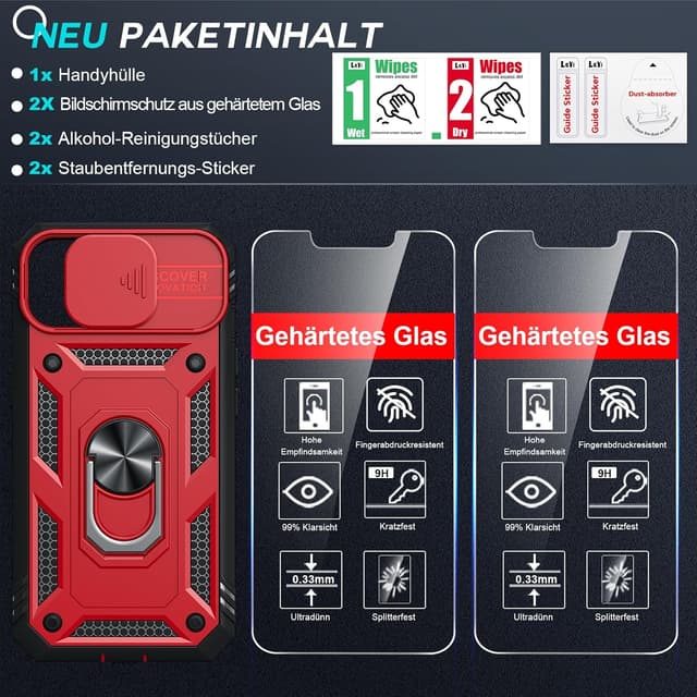 Thumbnail 6 de LeYi iPhone 14 6.1" case with sliding camera cover, 360° armour protection and ring stand (2-pack tempered glass)