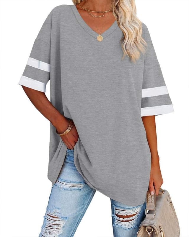 Detalle de Ebifin Damen Oversize T‑Shirt mit V‑Ausschnitt und Kurzarm – lockeres Casual‑Basic für Sommer
