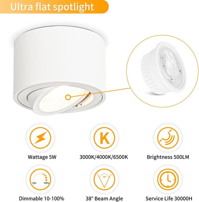 Detalle de GeyouLux LED Aufbauspot dimmbar, 3CCT 3000/4000/6500K, schwenkbar 30° – 5W, Ø80x50 mm (2 Stück)