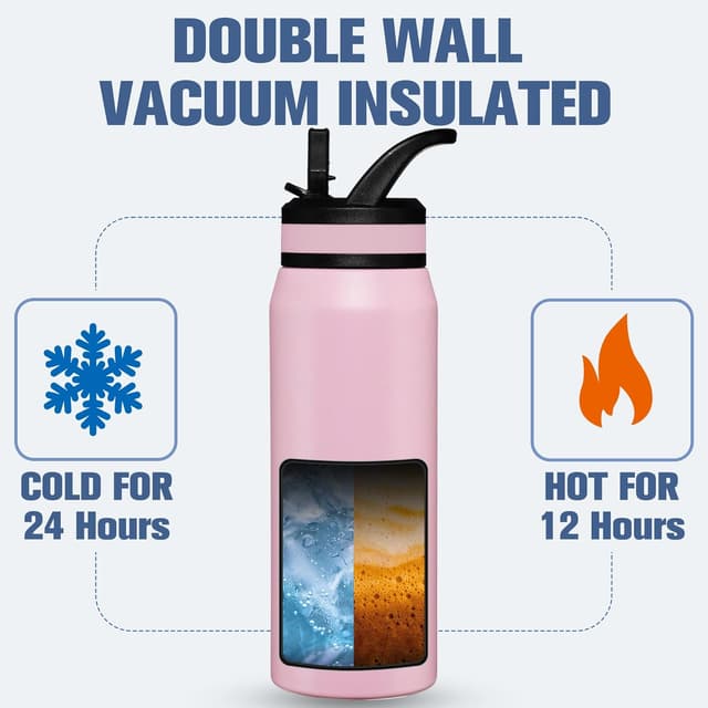 Detalle de Oldley 750ml Insulated Water Bottle with Straw (Pink) – stainless steel flask with leakproof design and 3 lids