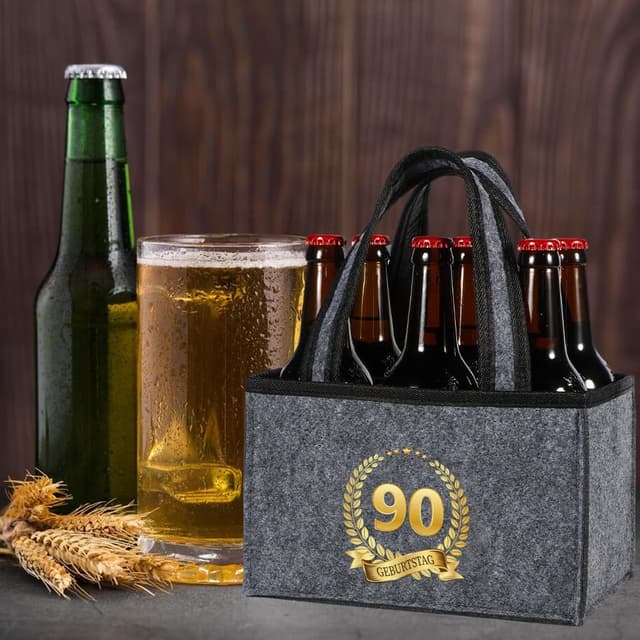 Detalle de KHstylehoo Geschenk zum 90. Geburtstag: Männerhandtasche Bier aus Filz für bis zu 6 Flaschen