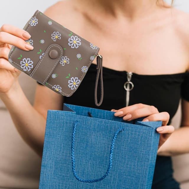 Detalle de Farcauo portefeuille en cuir imprimé Daisy marron – mini format avec porte-monnaie et porte-cartes