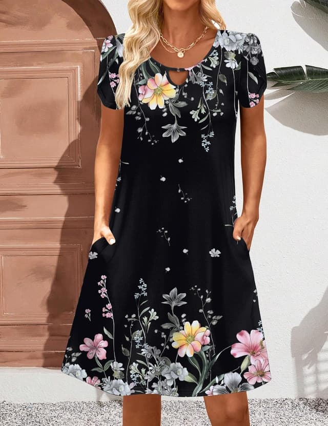 Detalle de HOTOUCH Women’s Casual A-Line Dress with Pockets (Floral T-Shirt Dress, Short Sleeve Mini Sundress)