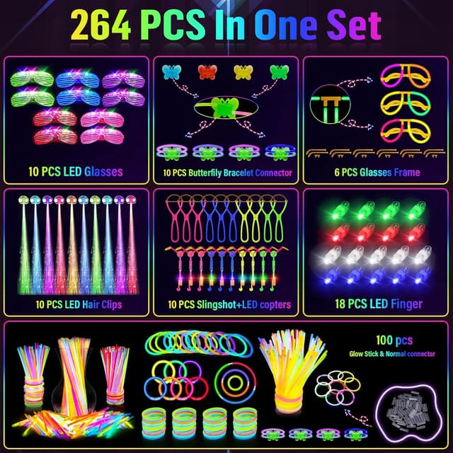 Detalle de OLUPP Glow in the Dark Party Supplies (264 PCS) with LED Glasses, Glow Sticks, Finger Lights, Hair Clips & More
