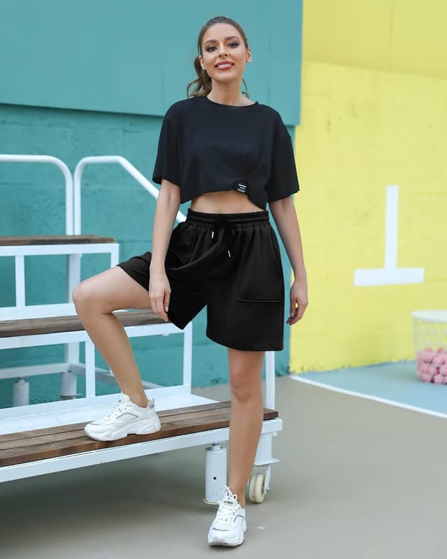 Detalle 2 de Cowasto Womens Cotton Sweat Shorts with Drawstring Waist and Pockets (7" Inseam)