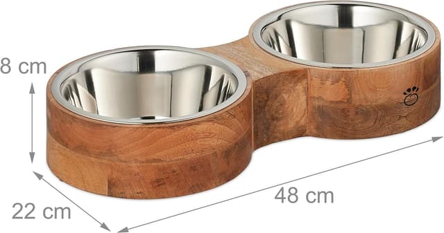 Detalle 2 de Relaxdays Hundenapfbar mit 2 Edelstahlnäpfen (2 x ca. 2,2 l) – Futterbar Natur/Silber für mittelgroße & große Hunde