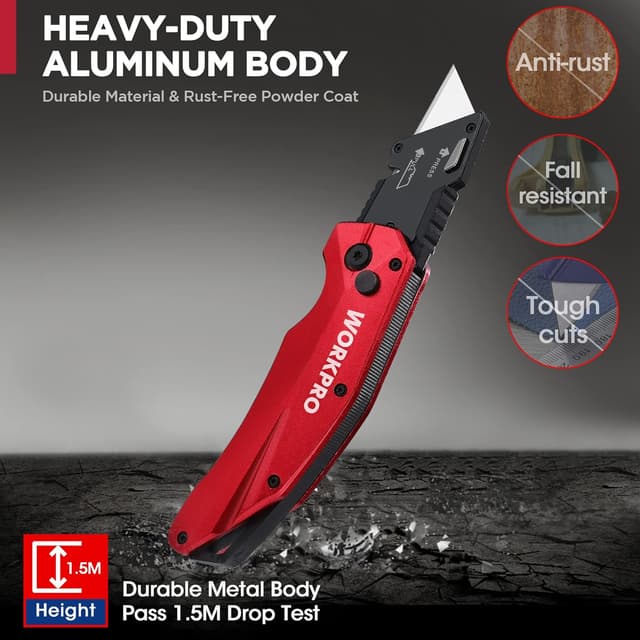 Detalle 2 de WORKPRO Cutter Professionnel Pliant avec mécanisme de changement rapide – 10 lames SK5 incluses