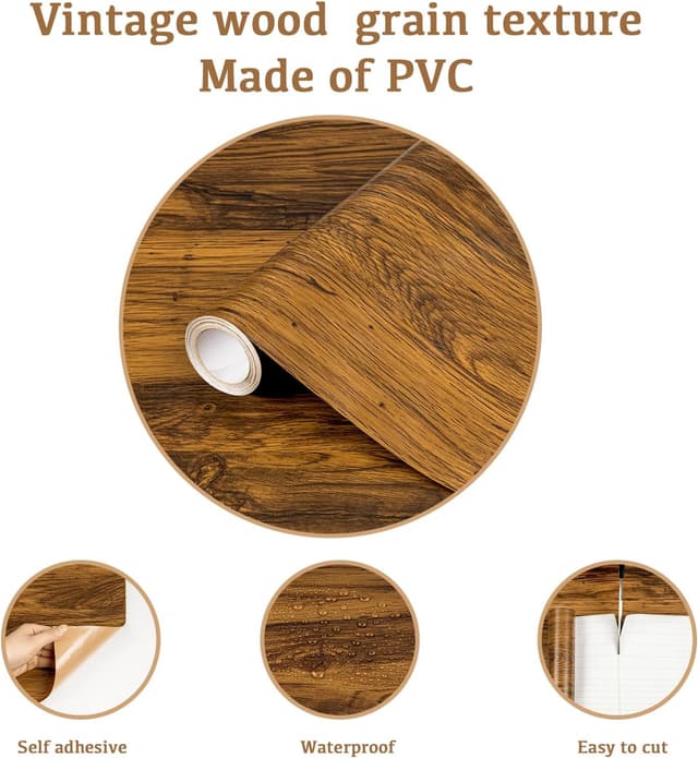 Detalle 2 de Abyssaly Wood Effect Sticky Back Plastic Roll – Oak Brown Peel and Stick Vinyl Wallpaper (90cm x 600cm)
