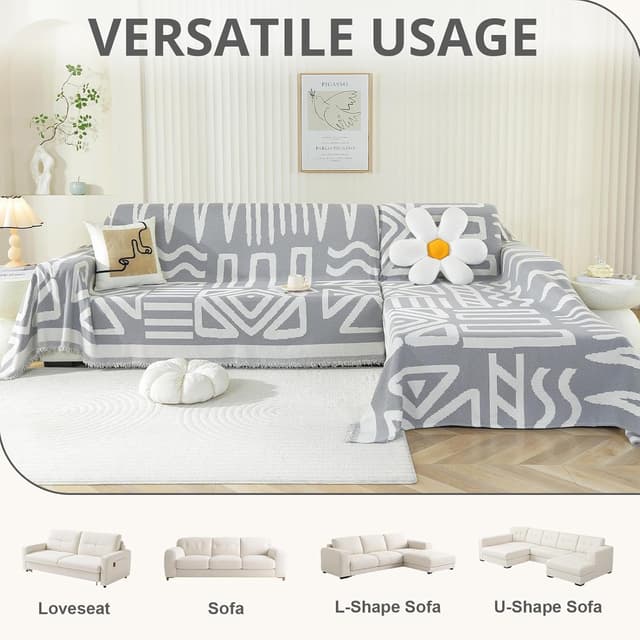 Detalle de Royhom Housse de canapé d’angle 3 places en chenille grise claire (180x340 cm) avec glands décoratifs