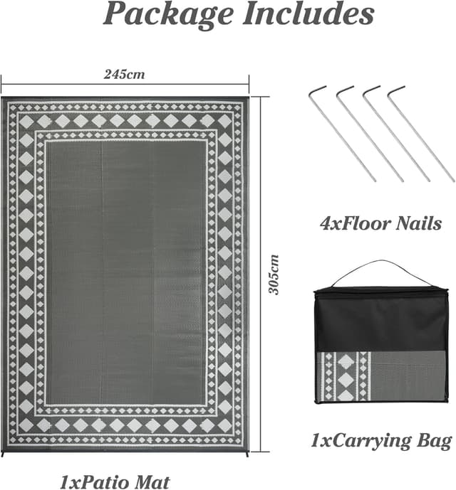 Detalle 2 de Homcomodar Outdoor Rugs for Patios, Waterproof Reversible UV Resistant Plastic Carpet Mats 245x305cm, Grey