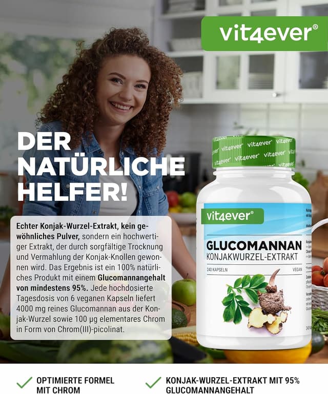 Detalle de Vit4ever Glucomannan aus der Konjak-Wurzel – 240 Kapseln, hochdosiert (4200 mg/Tag) & Chrom (vegan)