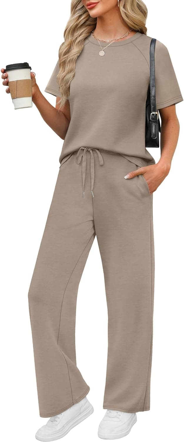 Detalle de WIHOLL 2-Piece Women’s Resort & Travel Lounge Set (Short-Sleeve Top + Wide-Leg Pants)