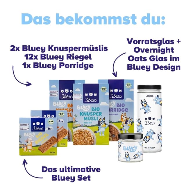 Thumbnail 6 de 3Bears Bluey Lover-Set Frühstücksset mit Bio Knuspermüsli, Porridge, Müsliriegel & Vorratsgläsern (vegan)