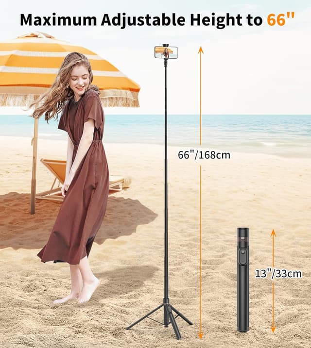Detalle de TONEOF 66" Automatic Tripod Selfie Stick with Auto-Open Stand and Magnetic Rechargeable Remote (Black)