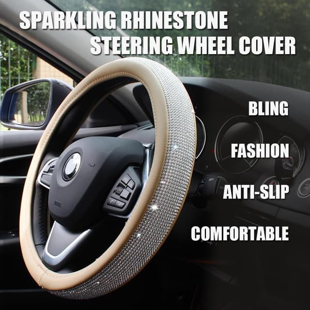 Detalle 2 de Lifetooler Bling Rhinestone Steering Wheel Cover (Black-Gold) – Universal 38cm/15in anti-slip