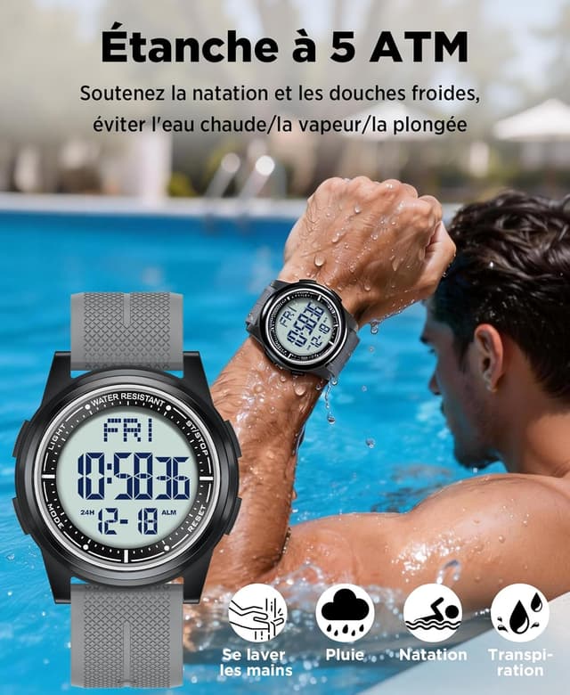 Detalle de WIFORT Montre digitale étanche hommes/femmes avec chronomètre, alarme et affichage grand angle
