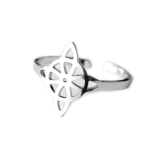 Detalle de Simboliks Anillo Nudo de Bruja ajustable en acero inoxidable para protección mística Wicca