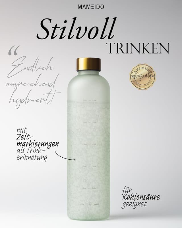 Detalle 2 de MAMEIDO Trinkflasche mit Zeitmarkierung (1 l), BPA-frei, für Kohlensäure geeignet – auslaufsicher