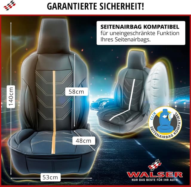 Detalle de Walser Premium Sitzauflage Auto Kimi für Vordersitze – Sitzschoner schwarz/grau mit Seitenairbag-Eignung
