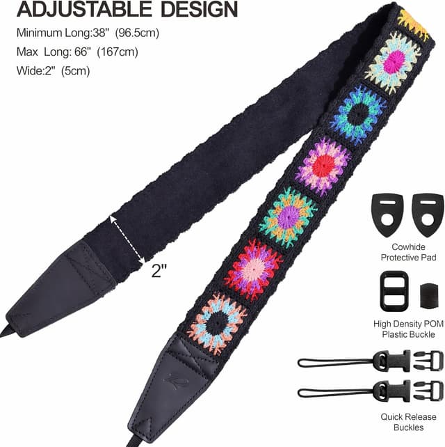 Detalle 2 de Padwa Lifestyle Colorful Crochet Camera Strap with 2" full grain leather ends