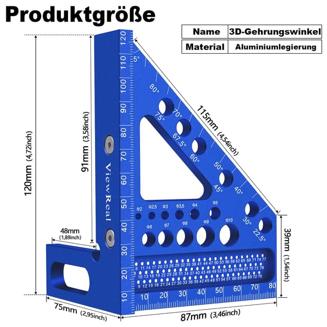 Detalle 2 de 3D-Gehrungswinkel multifunktional 22,5–90° aus Aluminiumlegierung – Winkelmaß und Anreisswerkzeug für Tischler