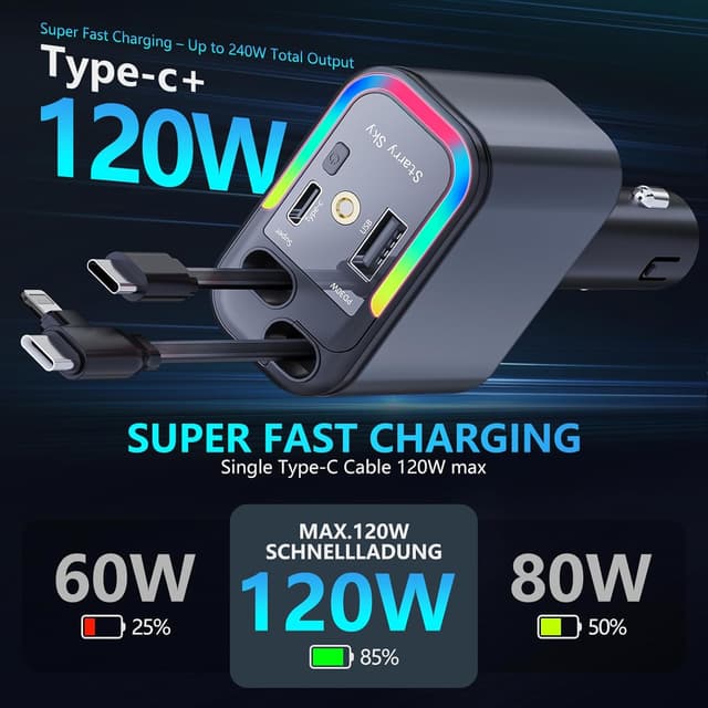 Detalle de Jukibole Zigarettenanzünder-Ladegerät mit Sternenhimmel, 120W Auto-USB-C Schnellladung & einziehbares Kabel