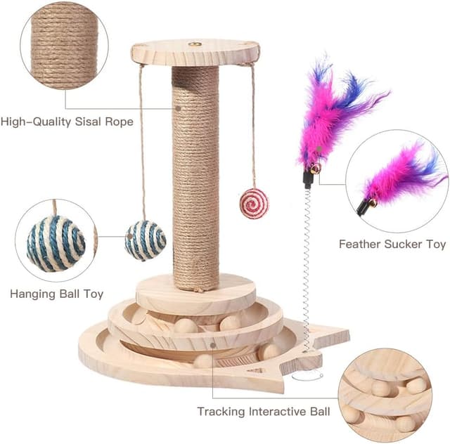 Detalle de Marchul 4 in 1 Cat Toys scratching post with sisal rope, wooden track toy and hanging ball