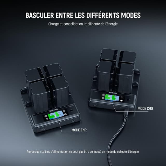 Detalle de NEEWER NP-F970 Chargeur 4 canaux avec consolidation d’alimentation intelligente et écran OLED
