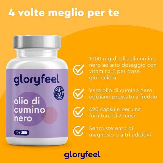 Detalle de Gloryfeel Olio di Cumino Nero (Nigella Sativa) 1000 mg per dose, 420 capsule con Vitamina E