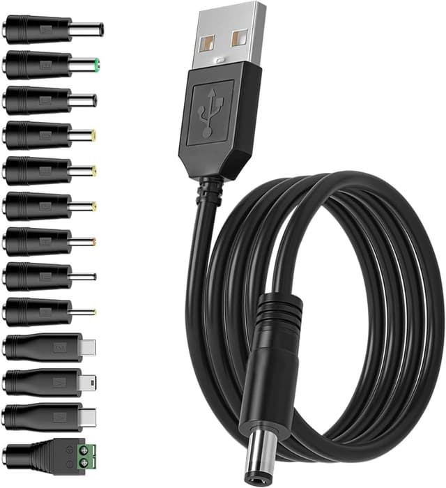 Detalle de TONTON USB-A auf DC Stecker Ladekabel (13-in-1) mit 13 Hohlsteckern, 1,5 m, schwarz