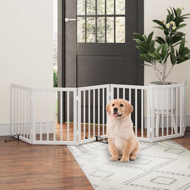 Detalle 2 de Foldable Dog Gate Indoor (6 Panels) for Doorways with Metal Support Feet, White