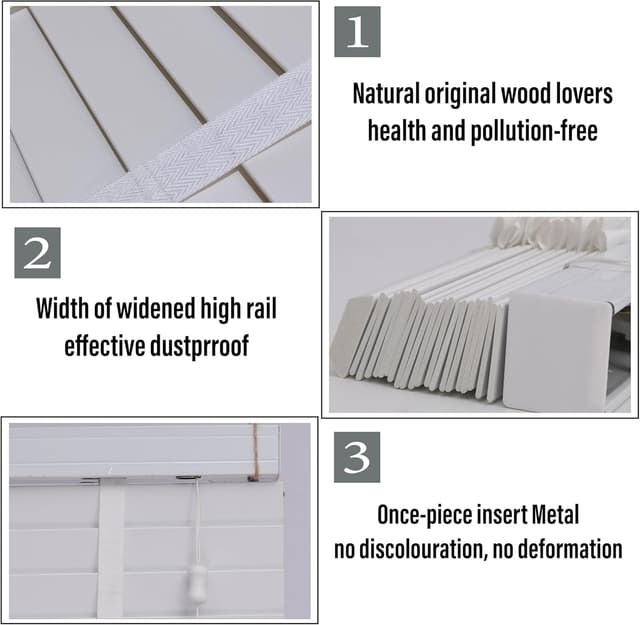 Detalle de Funky Gadgets Faux Wood Blinds 50mm Wooden Grain Venetian Blind, White/Silver Grey, 120cm x 150cm (Trimmable, Child Safe)