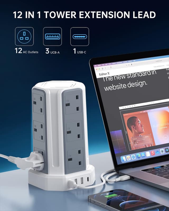Detalle de Aodeng Tower Extension Lead with USB Slots, 5m 12-way outlets and 4 USB ports (1 Type C + 3 USB-A)