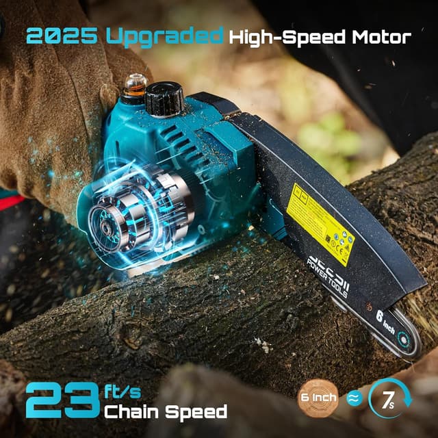 Detalle de SEESII Mini Kettensäge mit Akku (8000 mAh, 6 Zoll) inkl. automatischer Kettenschmierung und Ersatzkette