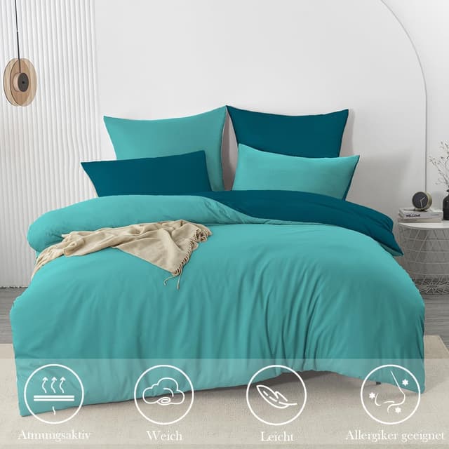 Detalle de Nesture Microfaser Wendebettwäsche 135x200 2-teilig Türkis/Petrol (mit Reißverschluss) + Kissenbezug 80x80