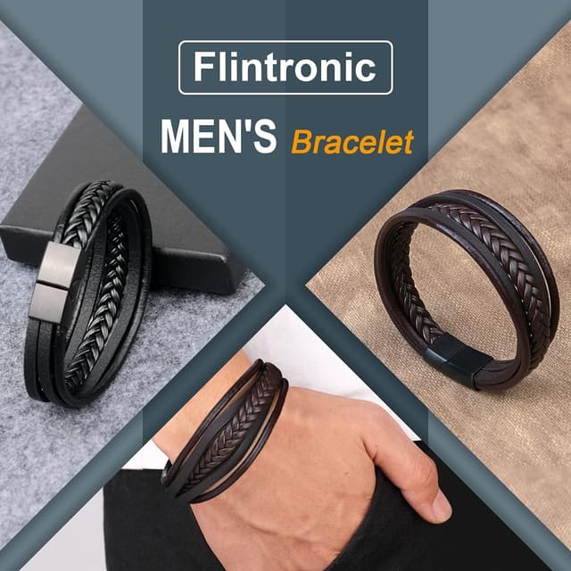 Detalle de flintronic Echtleder-Armband für Herren (Schwarz) mit geflochtenem Look und Magnetverschluss