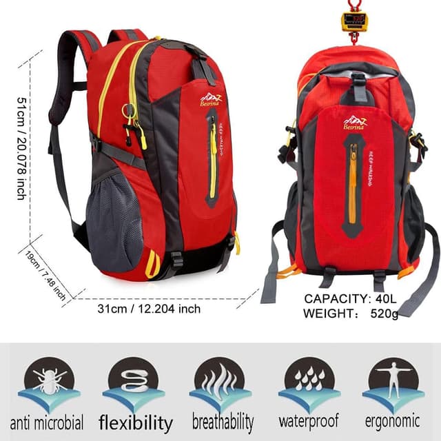 Detalle de Besrina 40L Lightweight Hiking Backpack – water-resistant trekking rucksack for travel, camping and cycling