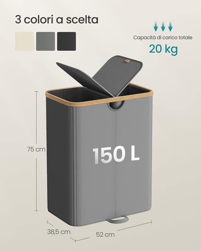 Thumbnail 6 de SONGMICS LCB523G01 cesto portabiancheria a 2 scomparti da 150 L con coperchio e sacchi interni rimovibili