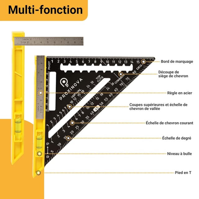 Detalle de Proxinova set d’équerre de vitesse 180 mm : équerre de menuisier/charpentier avec niveau à bulle et rapporteur