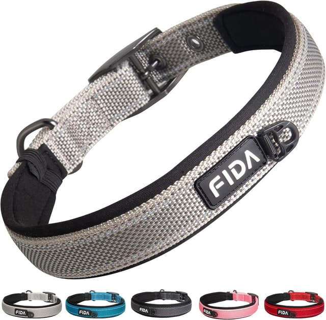 Detalle de Fida Padded Dog Collar with Metal Belt Buckle and Double-Layer Webbing (Grey)