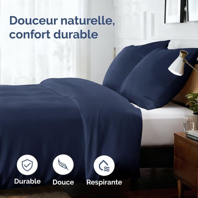 Detalle 2 de Housse de couette 155x220 cm bleue marine (parure 3 pièces) avec 2 taies 80x80 cm en microfibre brossée