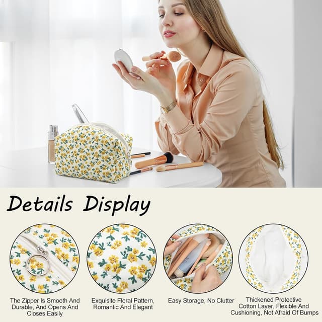 Detalle de Long Keeper Floral Small Makeup Bag (Yellow) – Portable Cosmetic & Toiletry Pouch