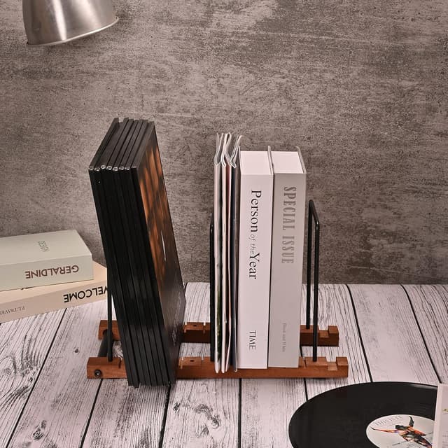 Detalle de Yorkmills solid wood vinyl record storage stand for up to 50 LPs (with adjustable stainless-steel storage boxes)