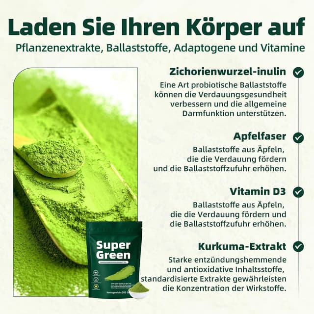 Thumbnail 2 de Grüne Entgiftungspulver (200 g) – Superfood Greens Pulver mit Spirulina, Gerstengras, Kurkuma & Vitamin D3