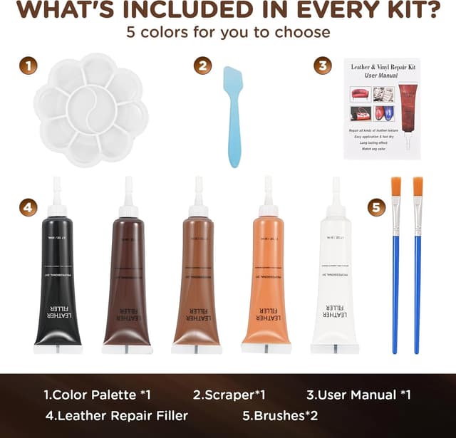 Detalle 2 de BUDOCI Leder Reparatur Set mit 5 Farben (flüssig) – Schwarz & Braun Mix für Kratzer und Risse an Leder/Kunstleder/Vinyl
