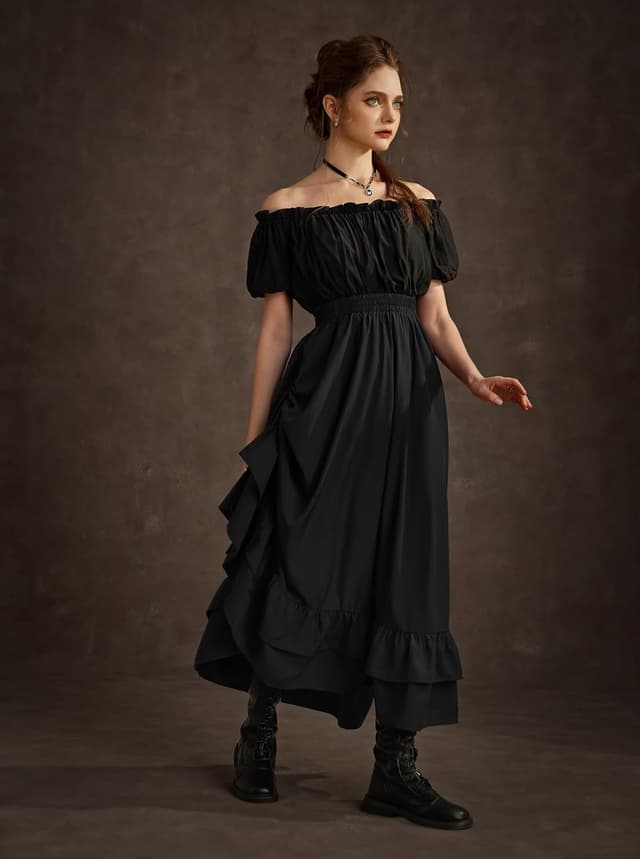 Detalle de SCARLET DARKNESS Jupe longue médiévale seampunk à taille haute, double couche à volants (noir) – L