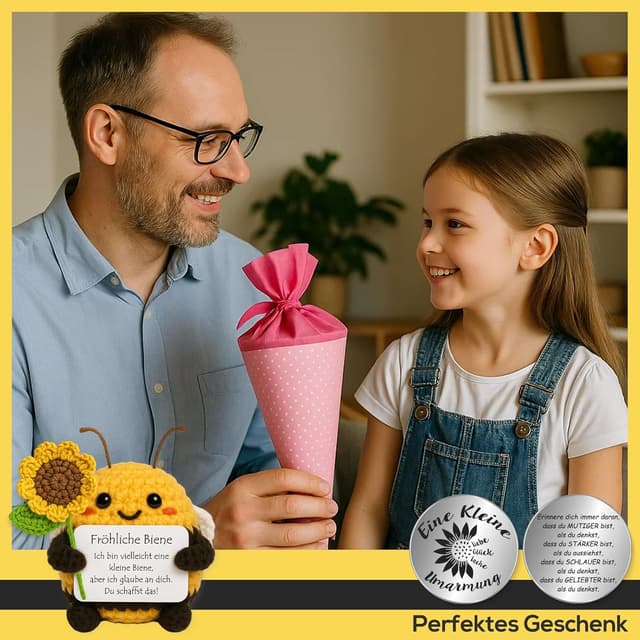 Thumbnail 6 de Tixlux Pocket Hug Fröhliche Biene mit Sonnenblumenstrauß – Strick-Dekofigur & Umarmungs-Glücksbringer