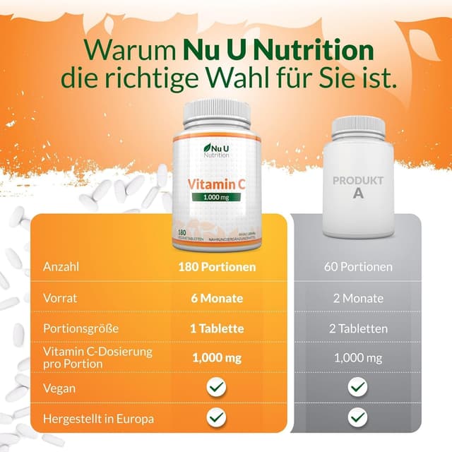 Thumbnail 5 de Nu U Nutrition Vitamin C 1000mg Hochdosiert 180 Vegane Tabletten